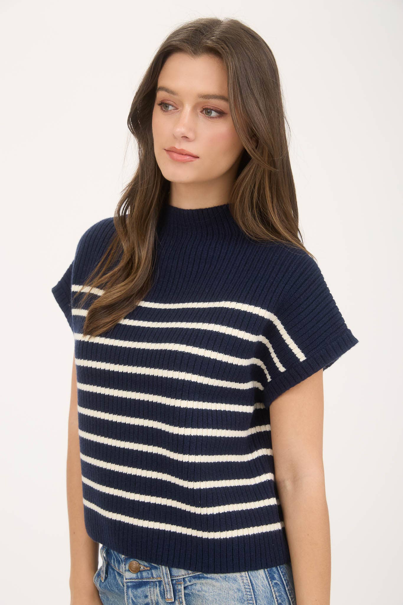 Navy Stripe Short Sleeve Sweater