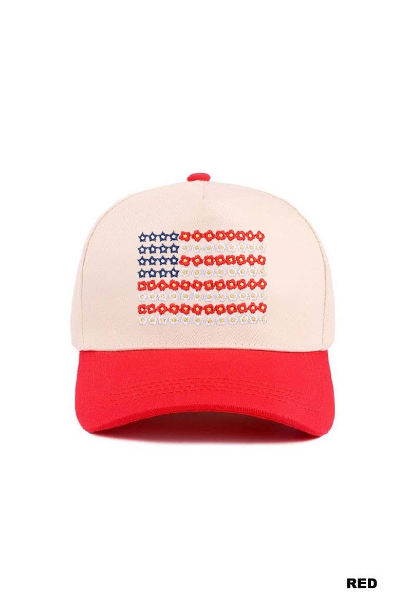 Star Floral American Flag Hat: RED