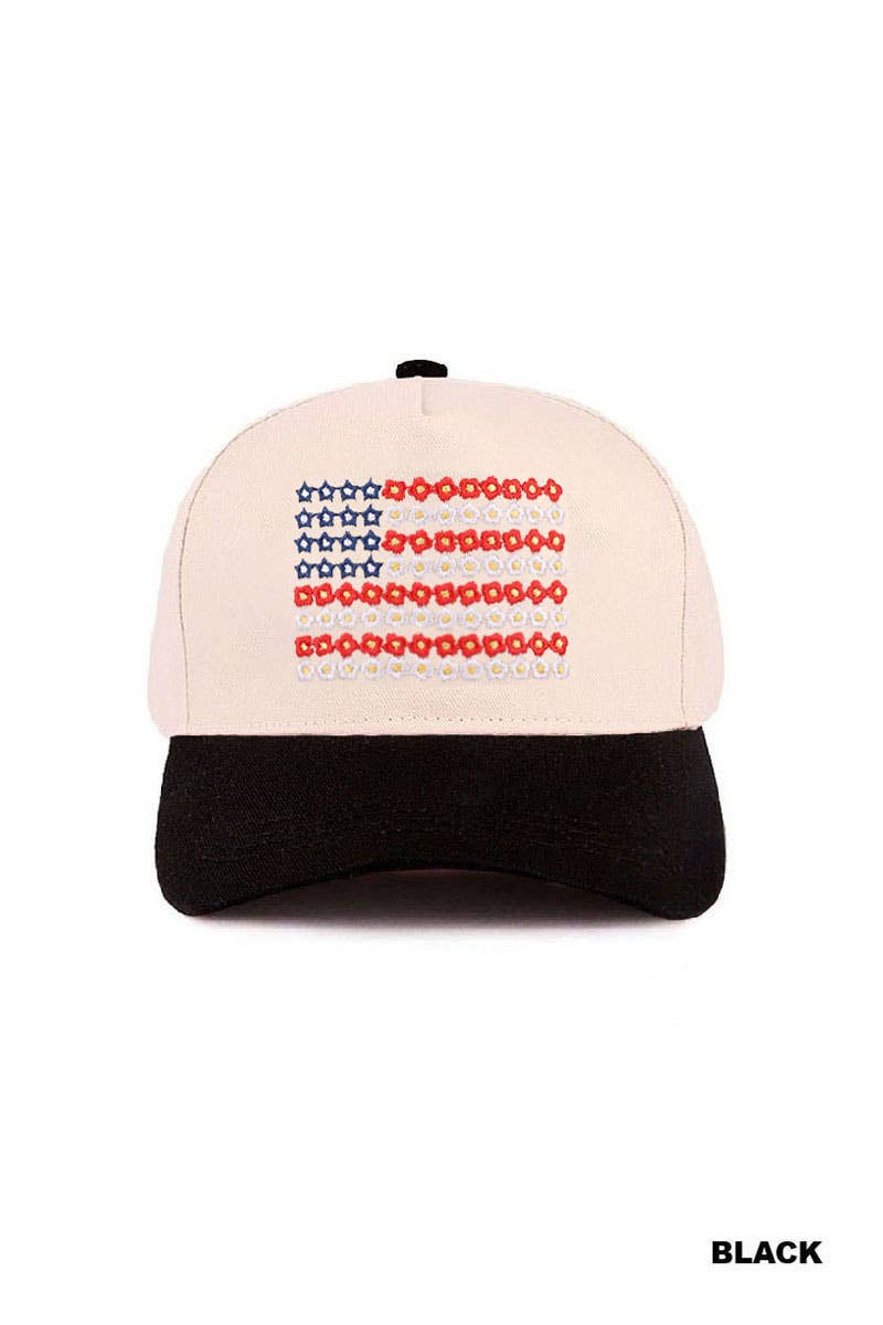 Star Floral American Flag Hat: BLACK