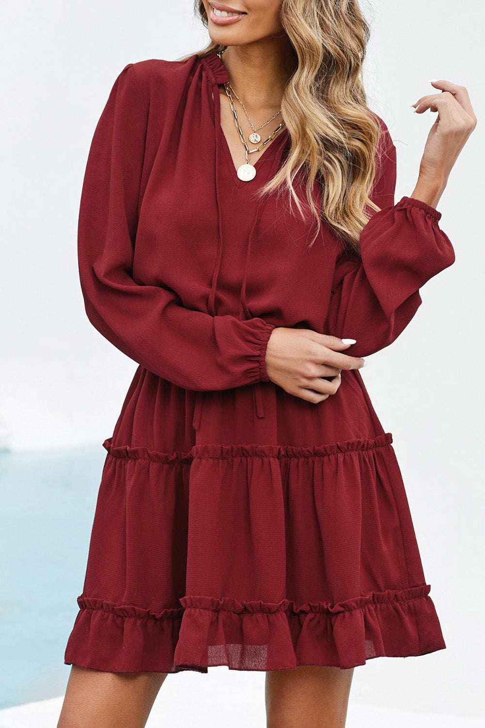 Burgundy V Neck Ruffled Mini Dress Sutton Tate Boutique