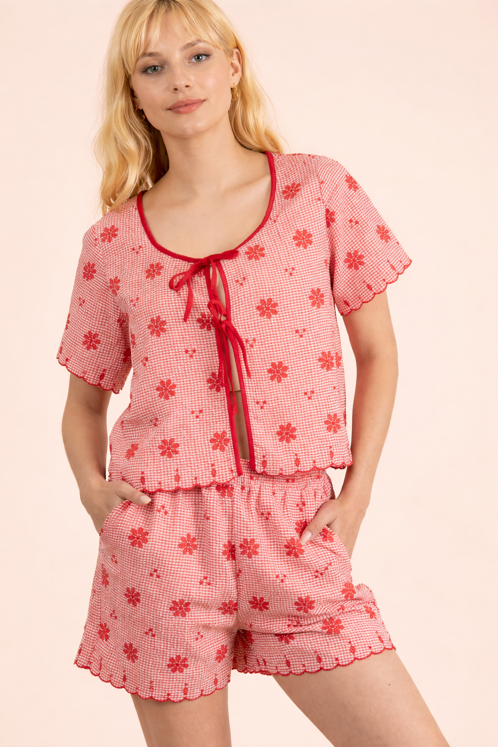 Floral Embroidery Navy Shorts Set