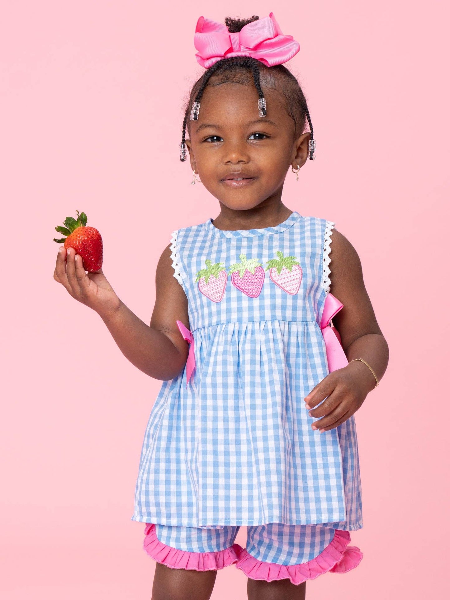 Gingham Embroidered Strawberry Ruffle Outfit