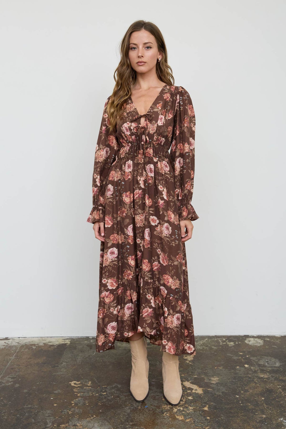 Brown Floral Fall Midi Dress
