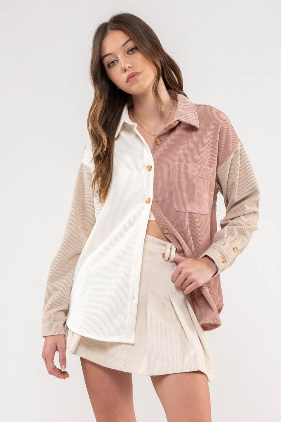 Casual Corduroy Shacket: Neutral/Pink