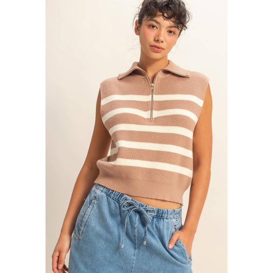 Half Zip Taupe Stripe Vest