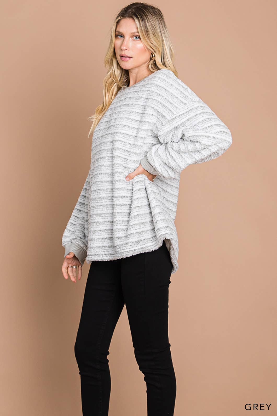 Casual Striped Faux Fur Pullover: GREY