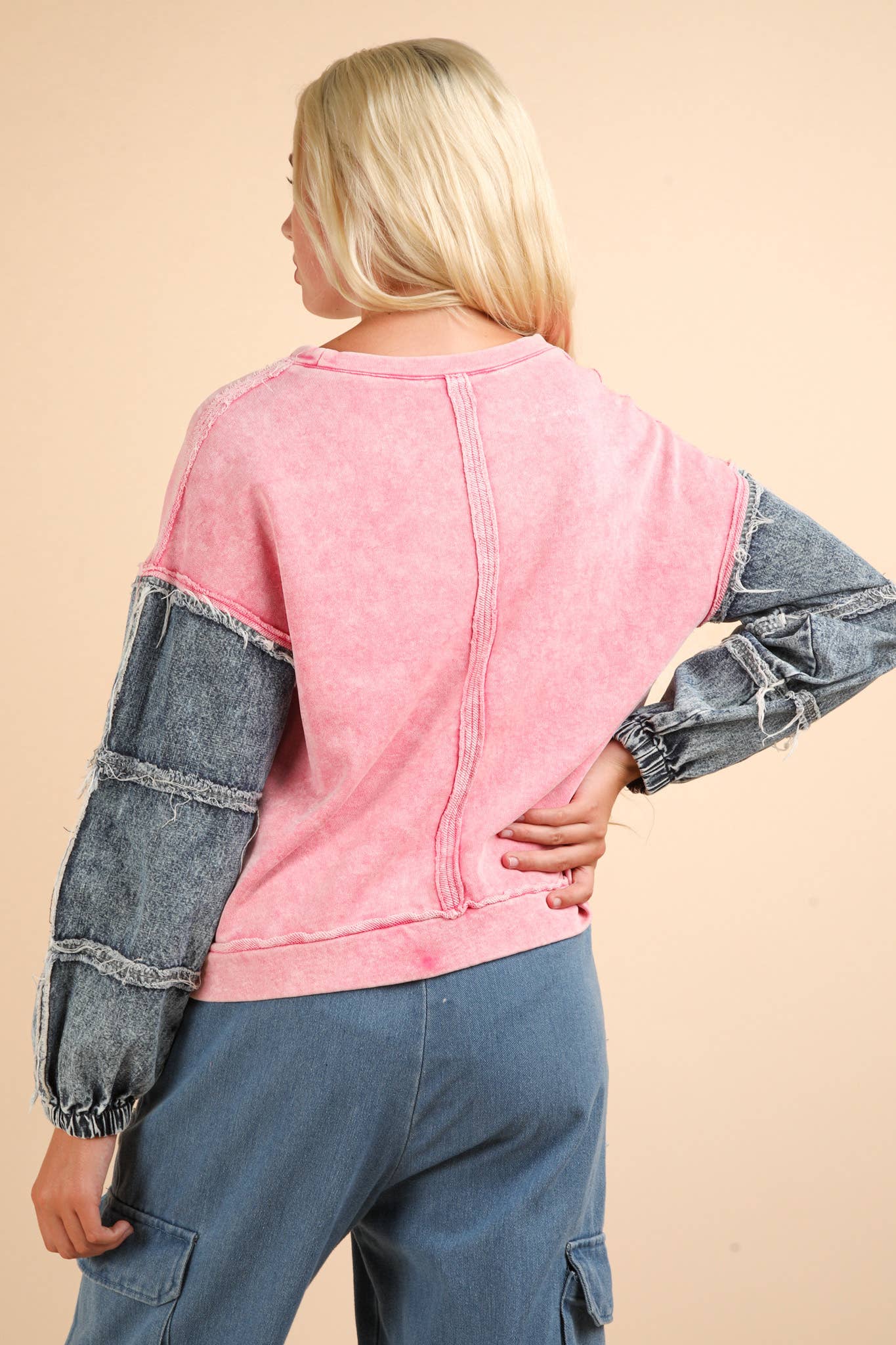 Dallas Denim Sleeve Pink Top