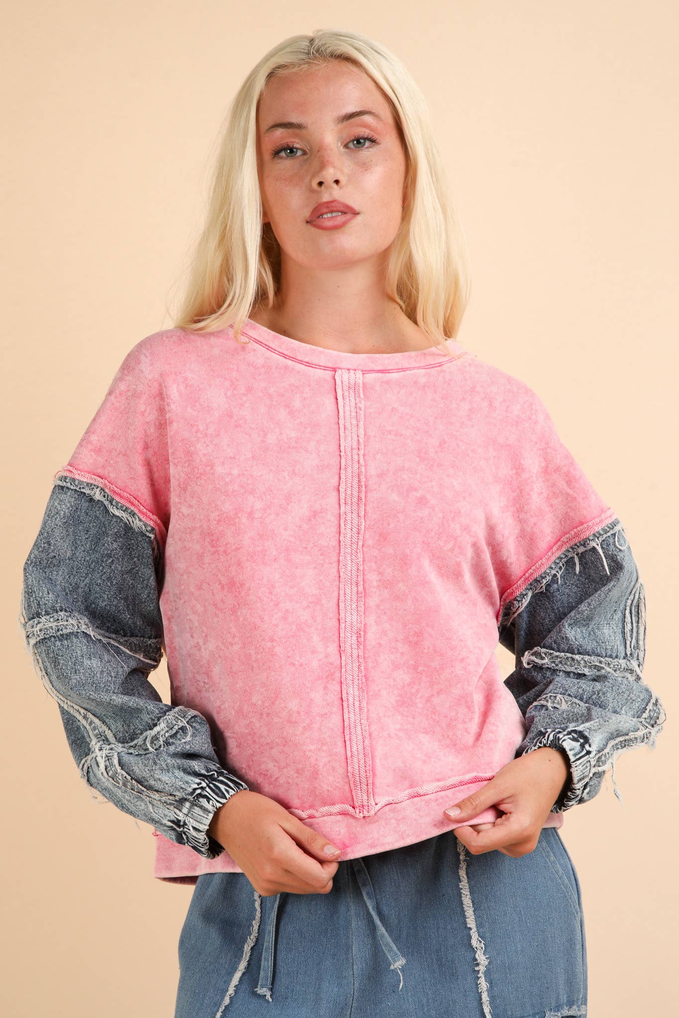 Dallas Denim Sleeve Pink Top