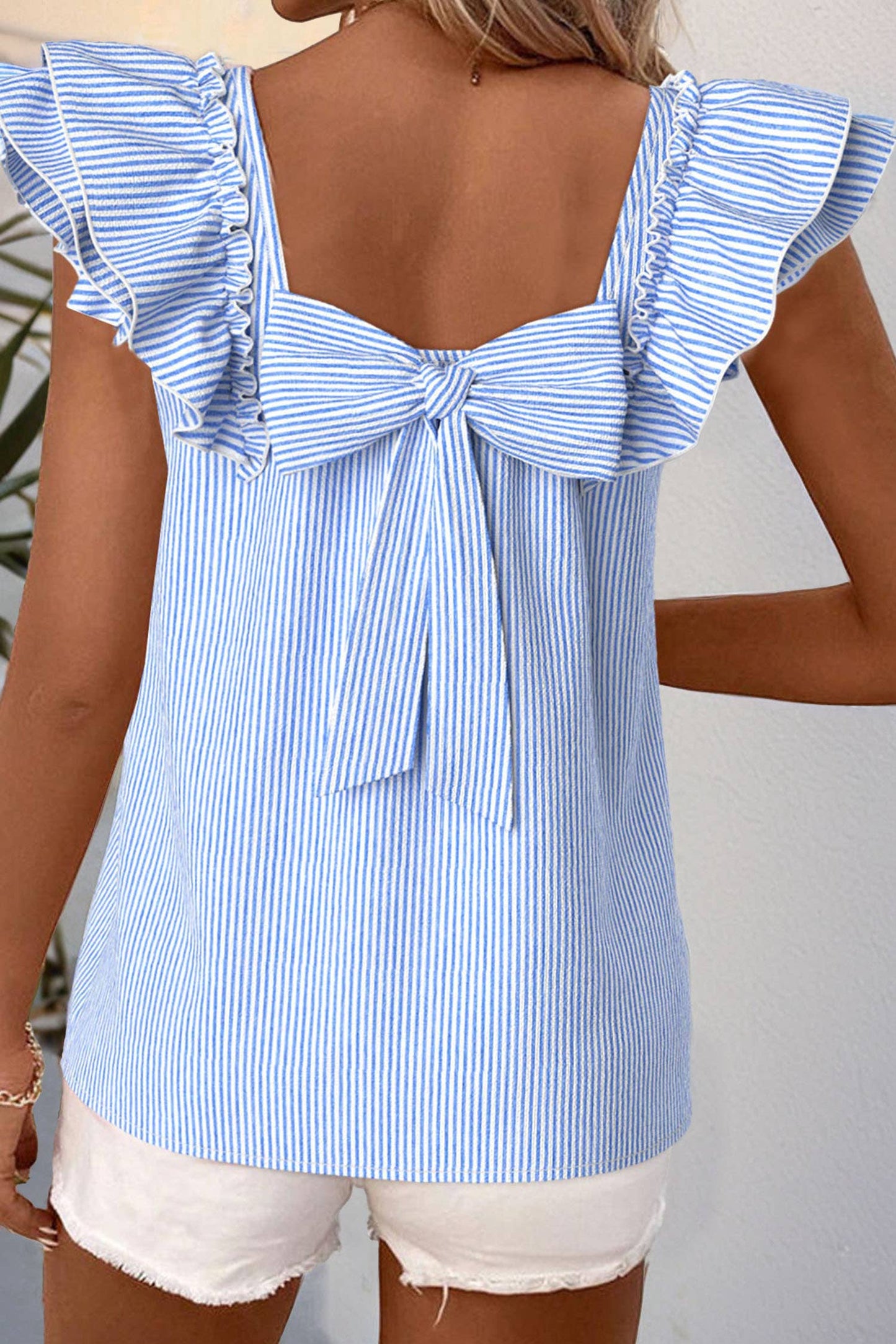 Blue Stripe Bow Back Top