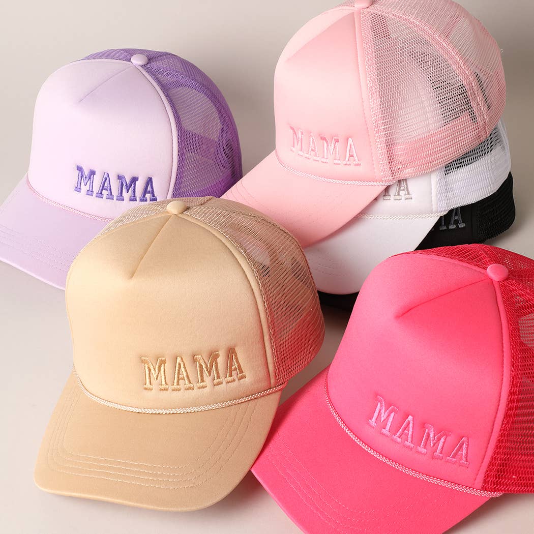 Mama Embroidered Foam Mesh Back Trucker Hat : Beige / ONE SIZE