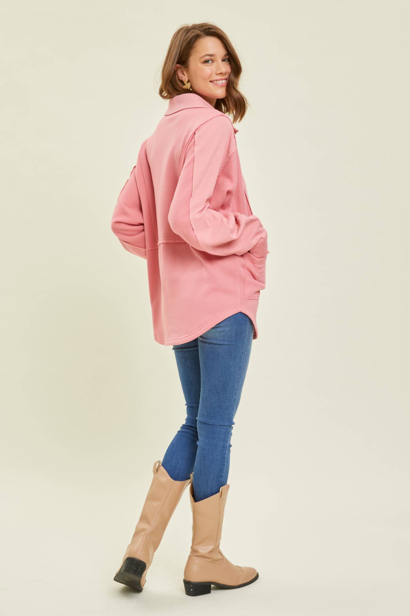 OVERSIZED FLEECE HENLEY PULLOVER: PINK