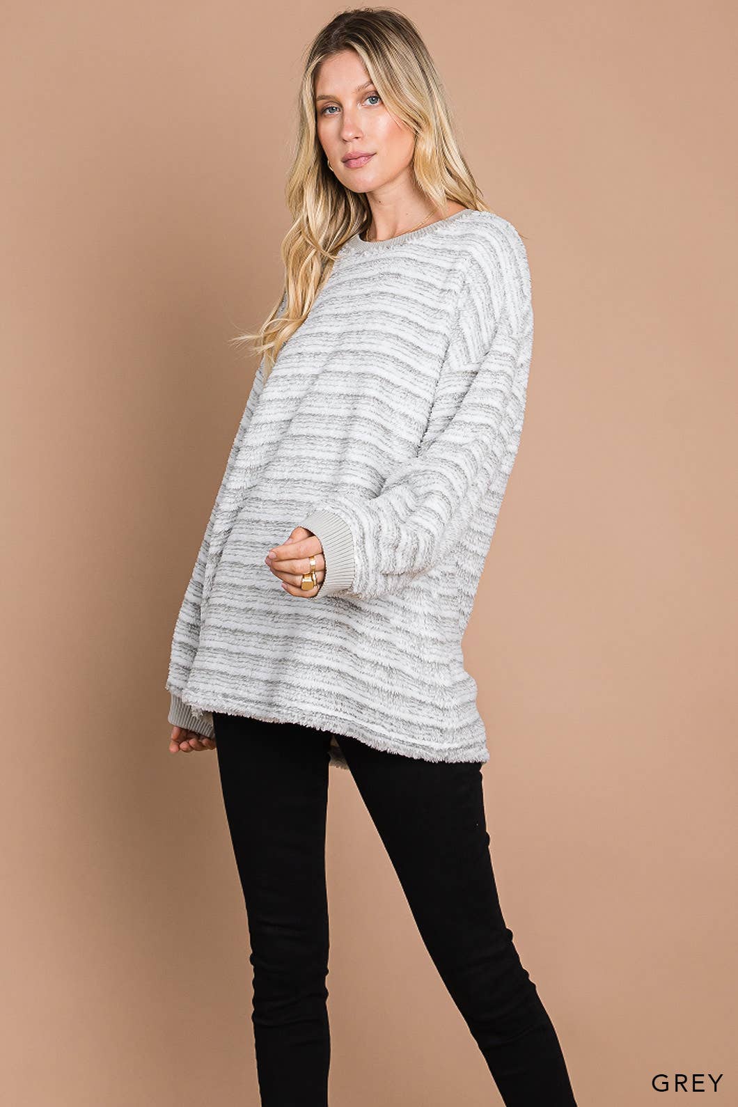 Casual Striped Faux Fur Pullover: GREY