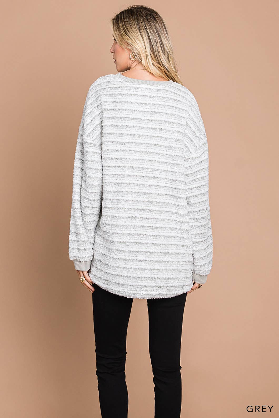 Casual Striped Faux Fur Pullover: GREY