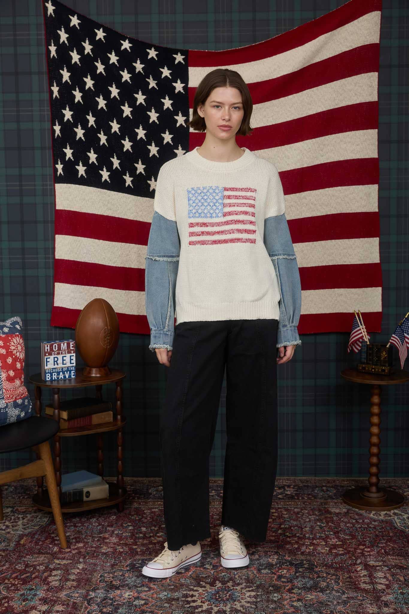 Denim Sleeve American Flag Ivory Sweater