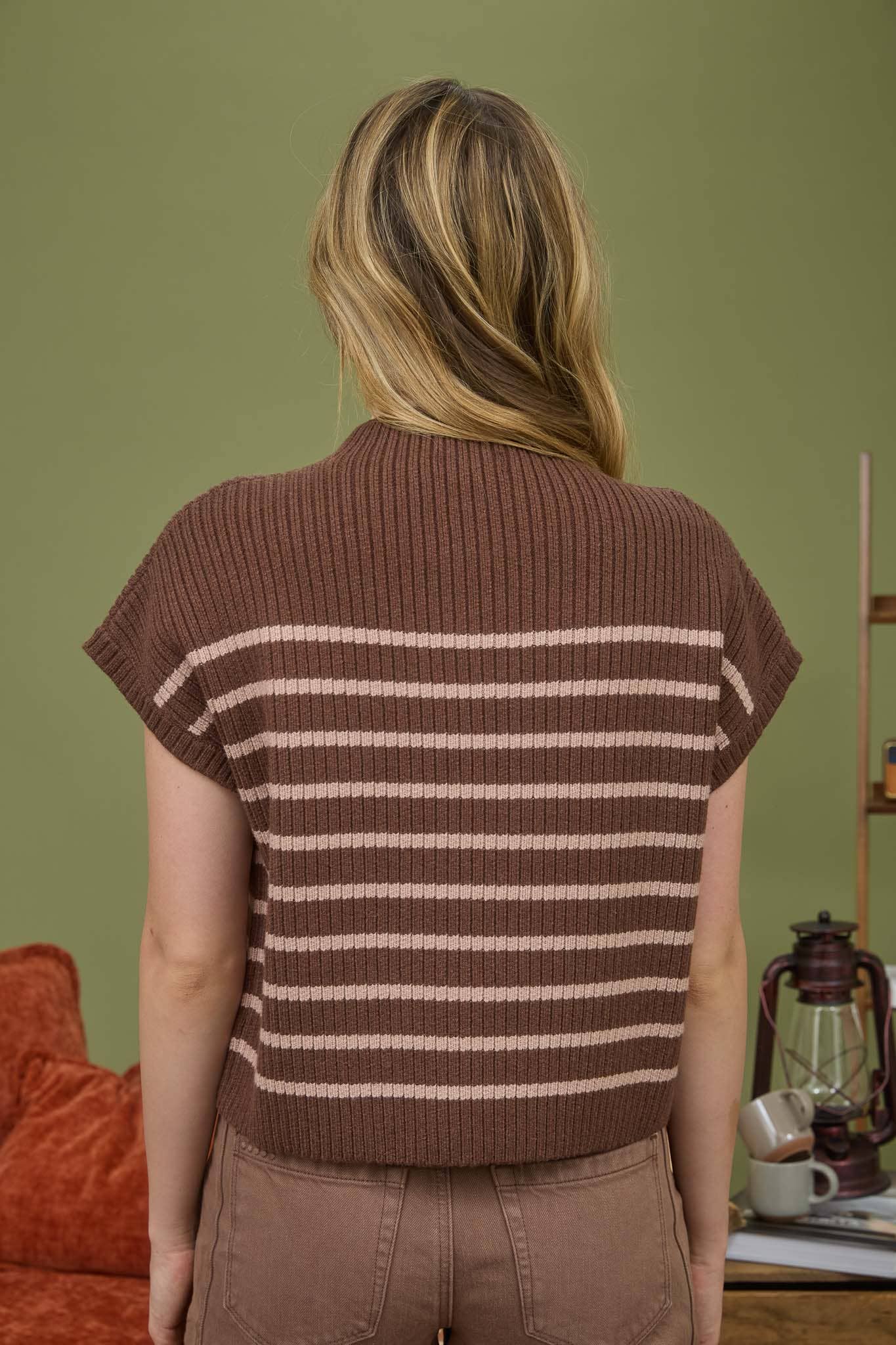 Brown Stripe Short Sleeve Sweater