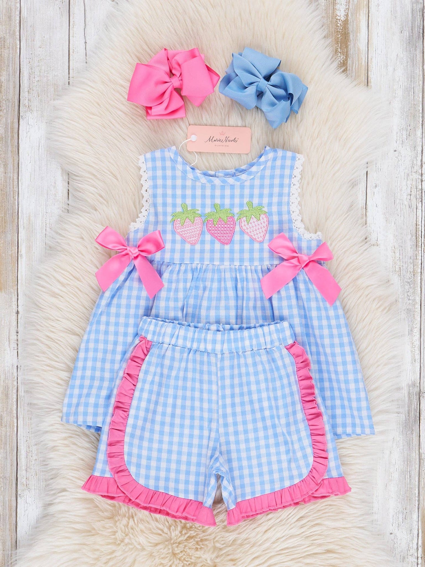 Gingham Embroidered Strawberry Ruffle Outfit