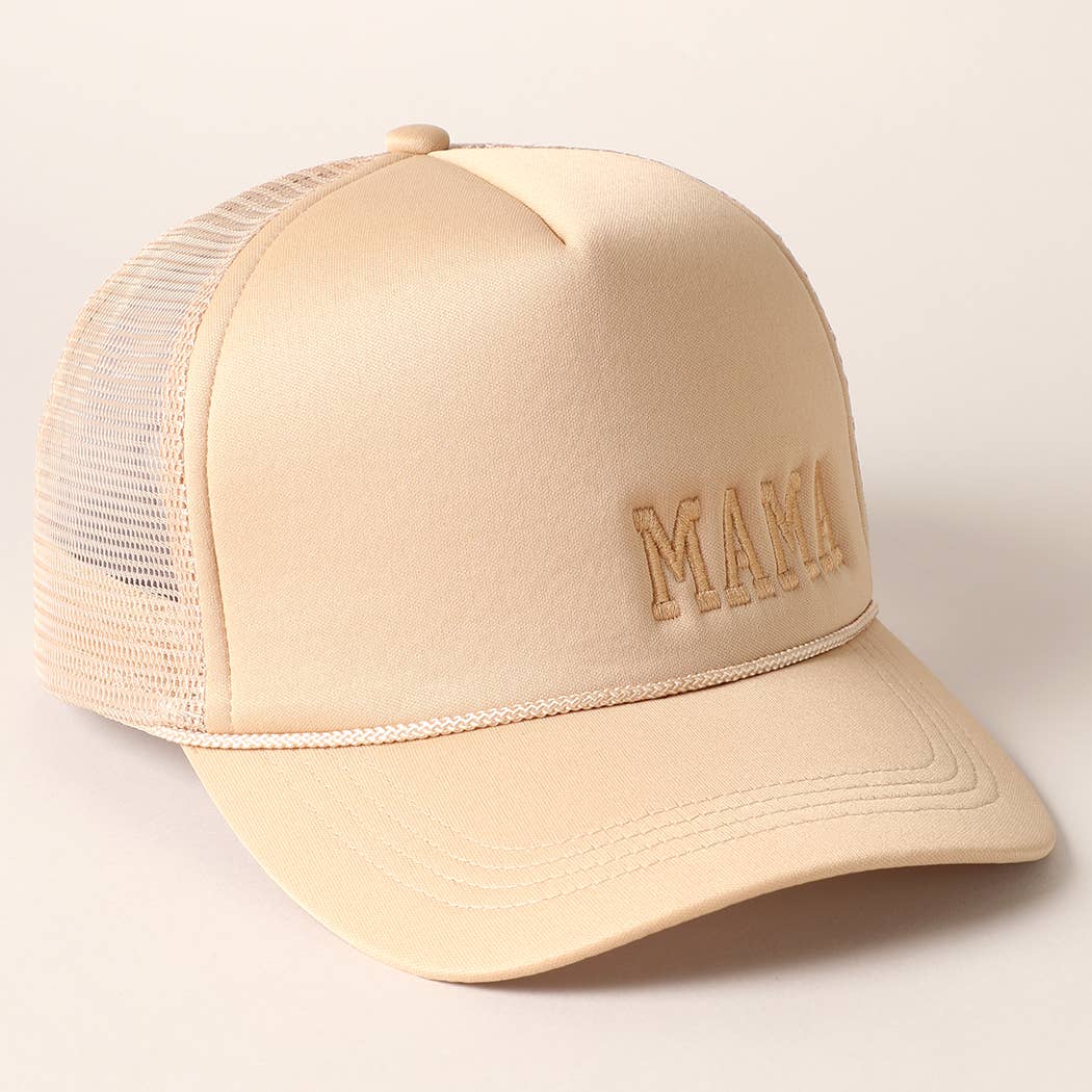 Mama Embroidered Foam Mesh Back Trucker Hat : Beige / ONE SIZE