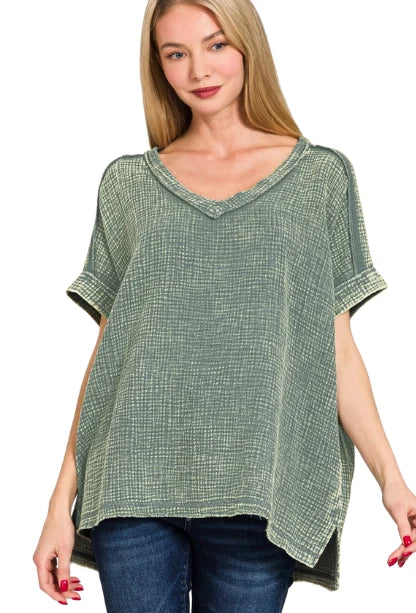 Jade Acid Wash V-Neck Top