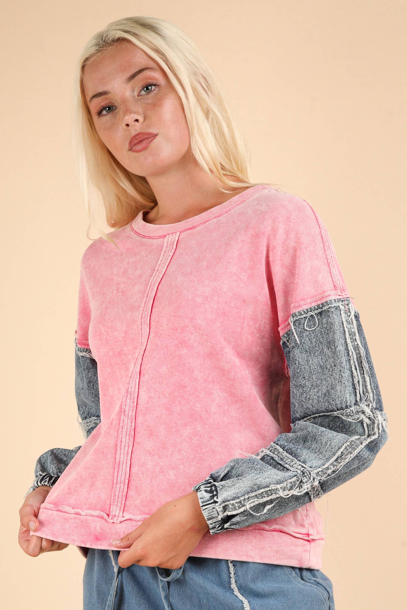 Dallas Denim Sleeve Pink Top