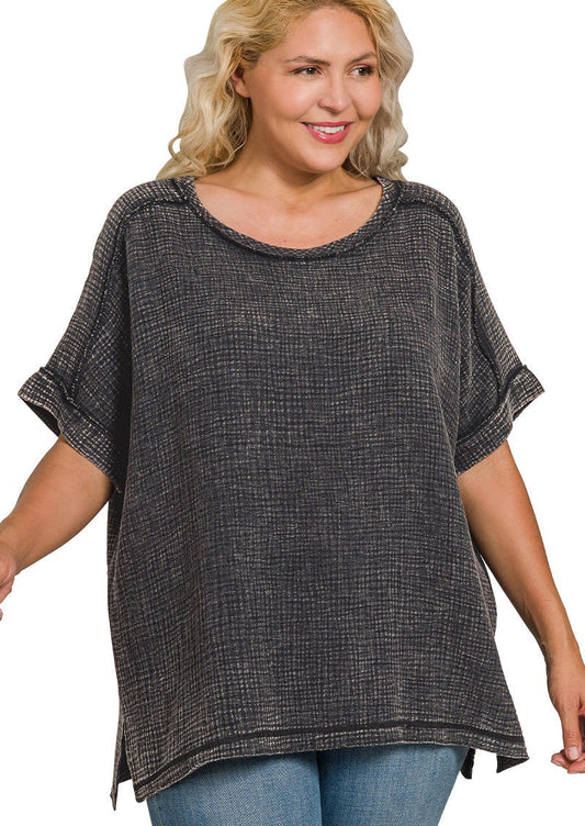 Acid Wash Cuffed Short Sleeve Top