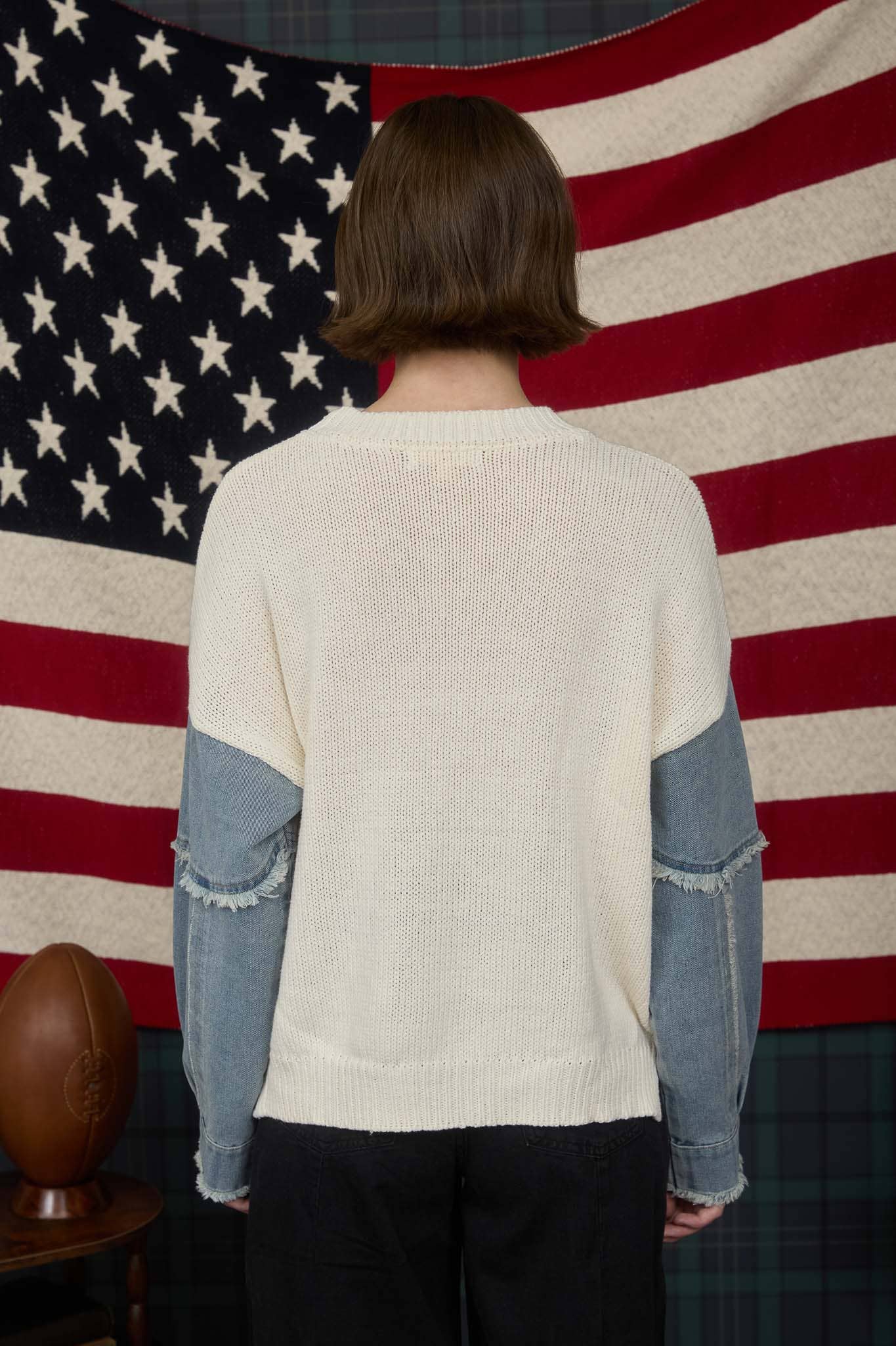 Denim Sleeve American Flag Ivory Sweater