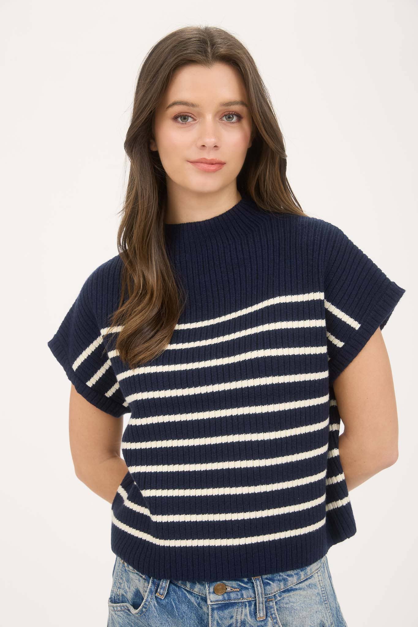Navy Stripe Short Sleeve Sweater