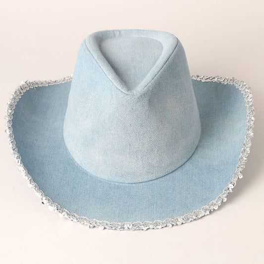 Blue Denim Sequin Edge Cowboy Hat