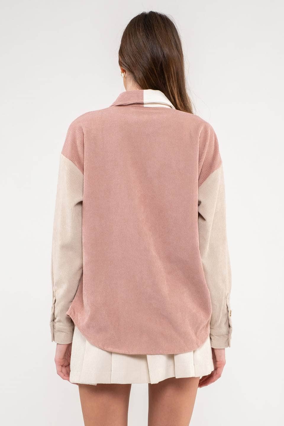 Casual Corduroy Shacket: Neutral/Pink