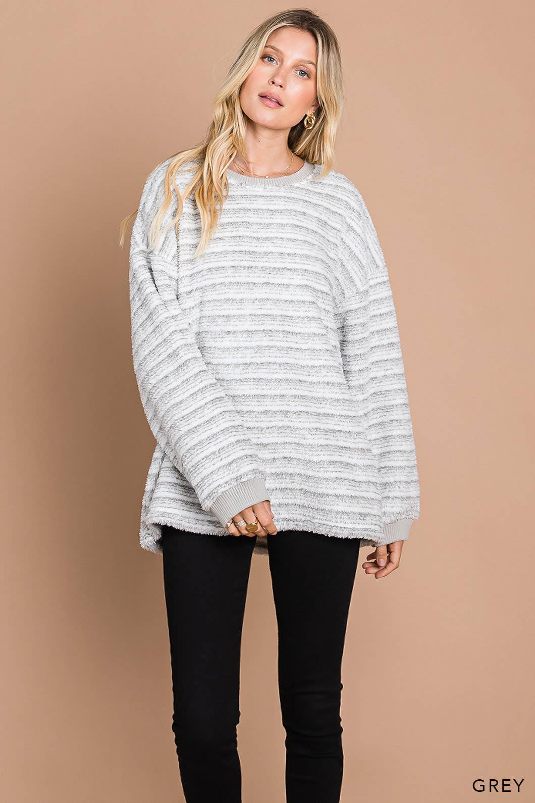 Casual Striped Faux Fur Pullover: GREY