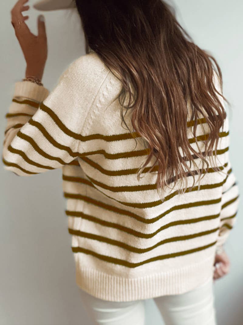 Quarter button up stripe sweater: Apricot