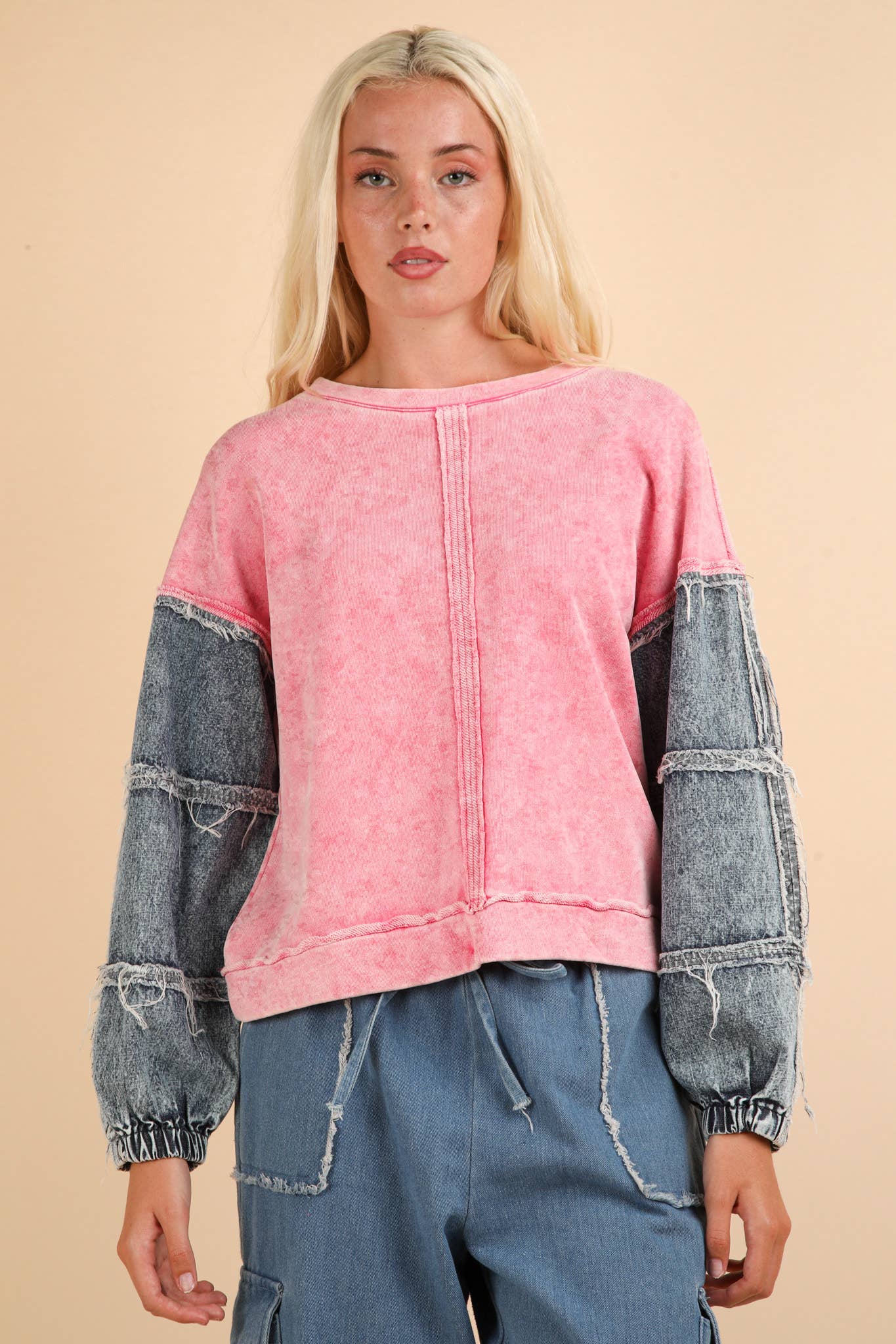 Dallas Denim Sleeve Pink Top