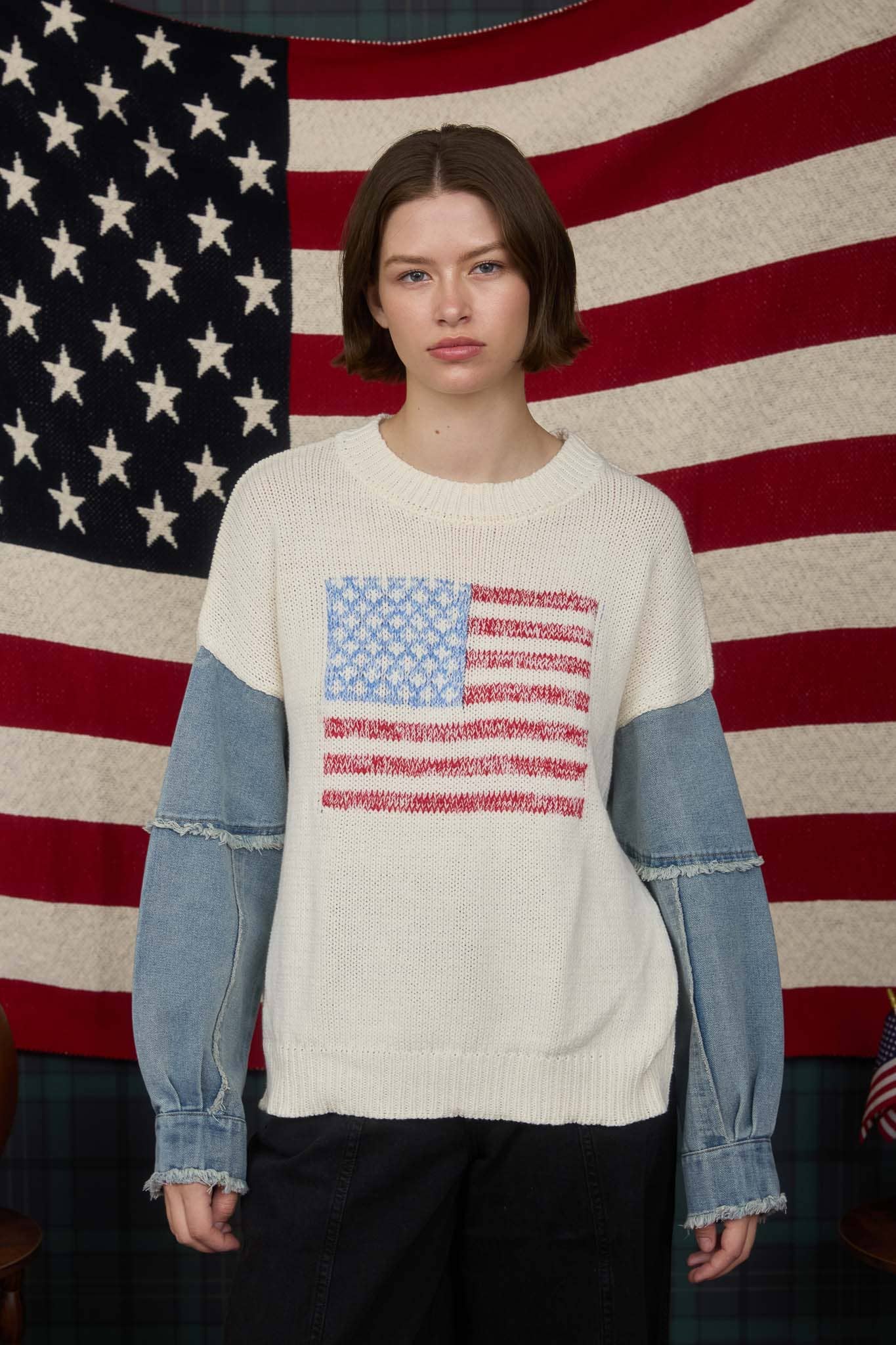 Denim Sleeve American Flag Ivory Sweater