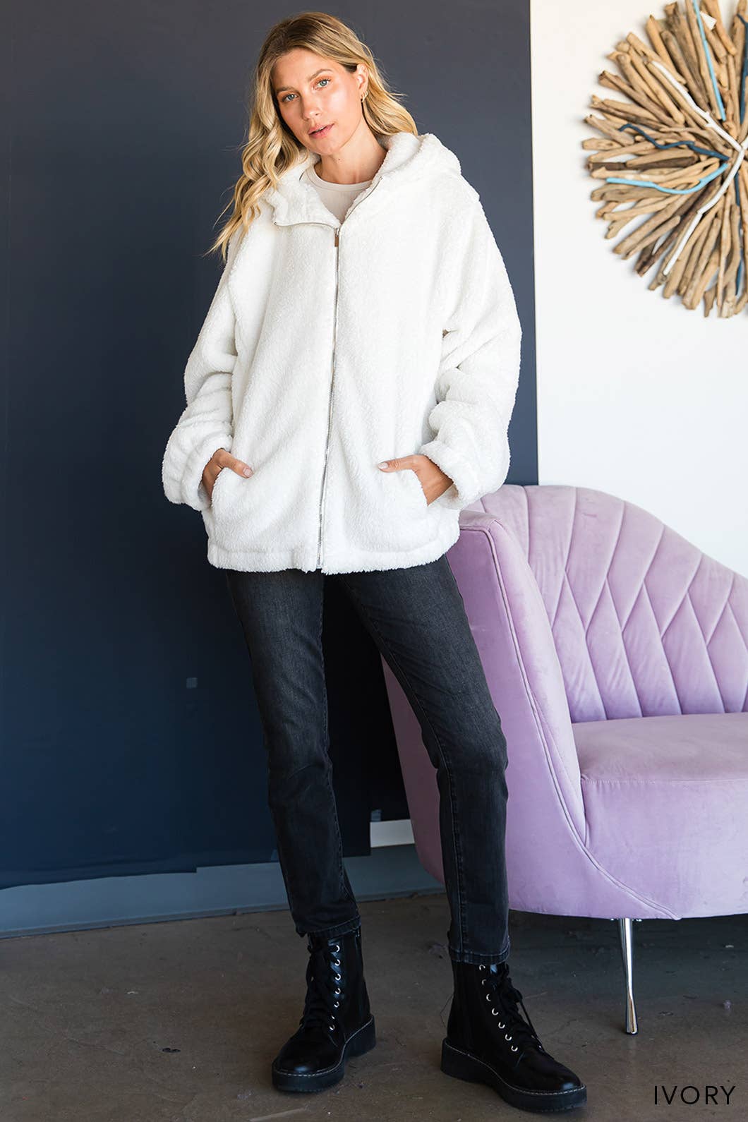 Faux Fur Hooded Zipper Front Jacket: IVORY