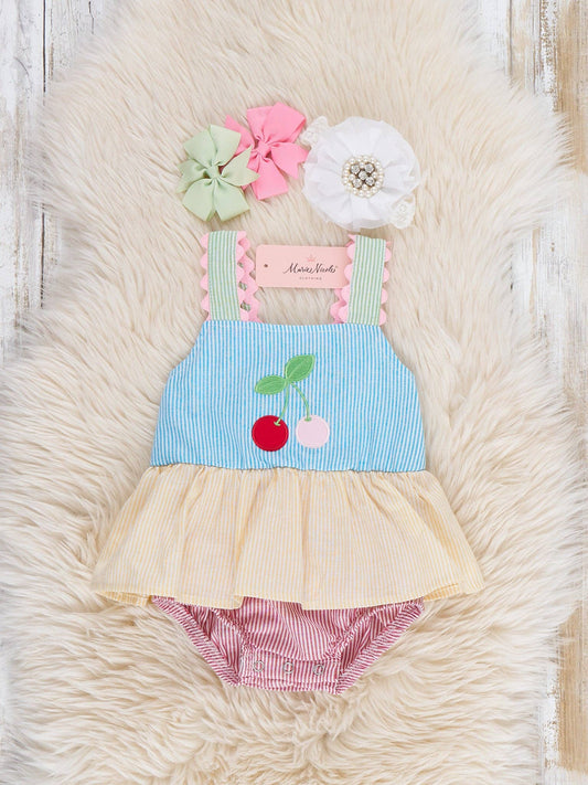 Summer Cherry Fun Embroidered Ruffle Bubble Romper