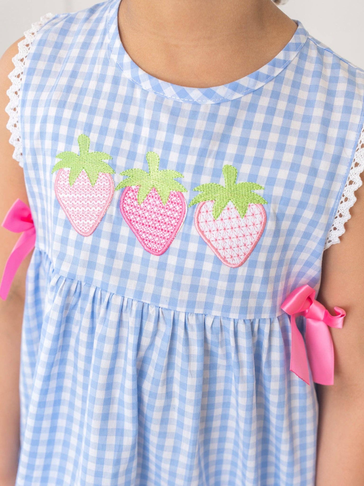 Gingham Embroidered Strawberry Ruffle Outfit