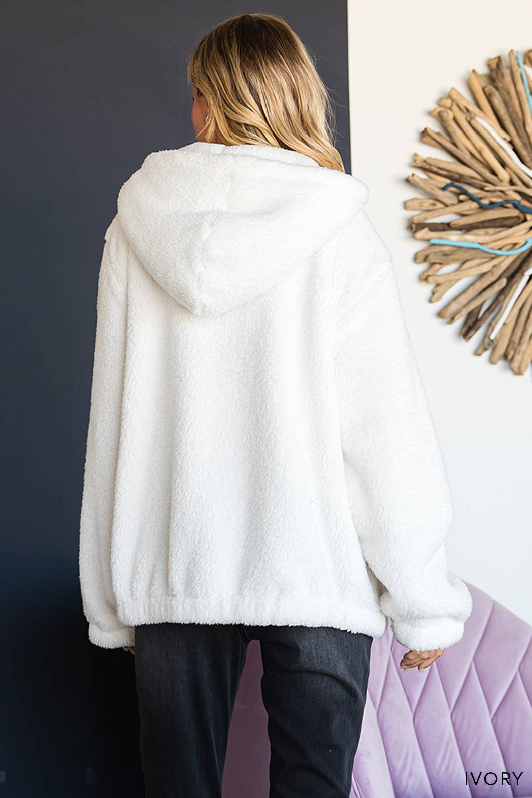 Faux Fur Hooded Zipper Front Jacket: IVORY