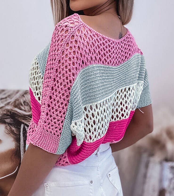 Colorblock Crochet Knit Top: PINK