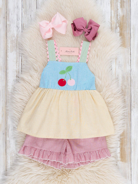 Summer Cherry Fun Embroidered Ruffle Outfit