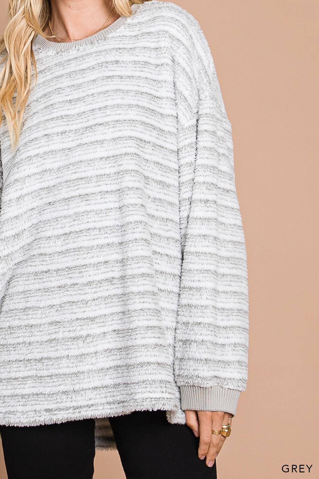 Casual Striped Faux Fur Pullover: GREY