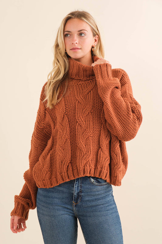 Cozy Chunky Cable Knit Cowl Neck Sweater: M/L / Camel