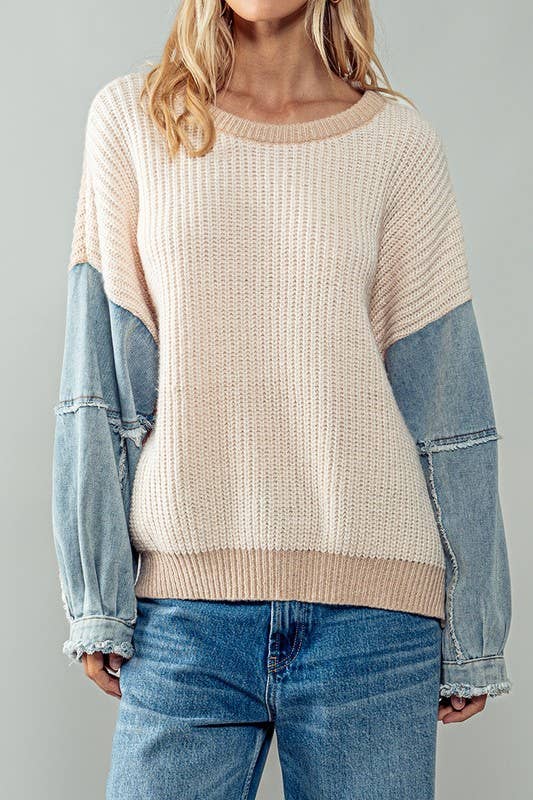 Denim Sleeve Ivory Knit Sweater