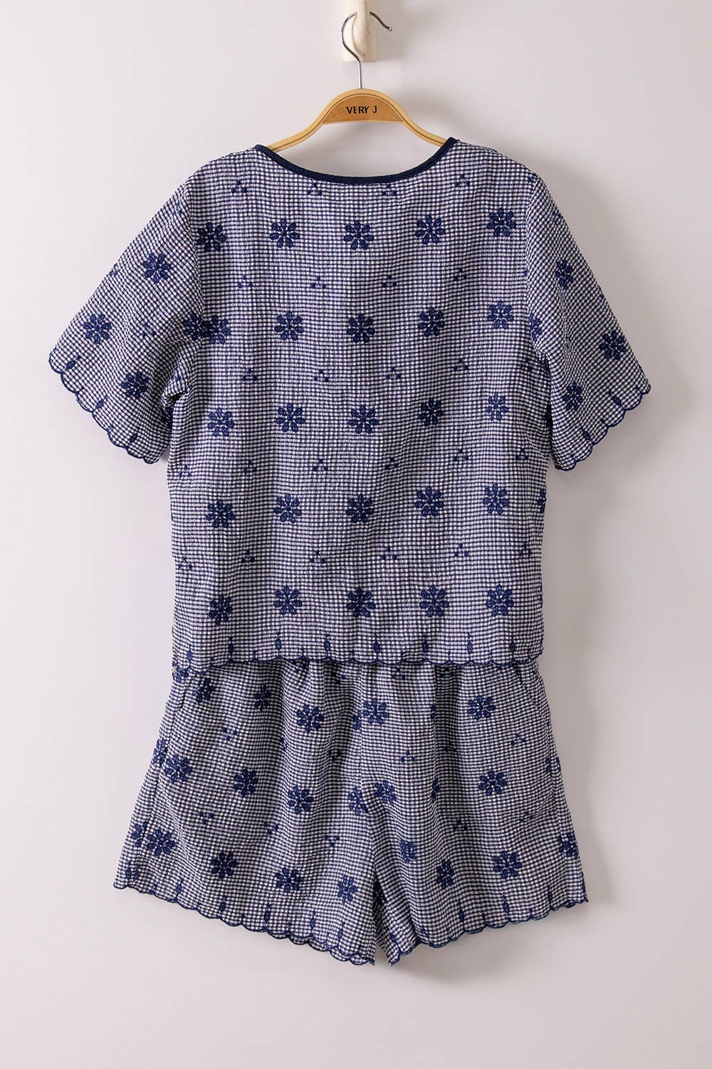 Floral Embroidery Navy Shorts Set
