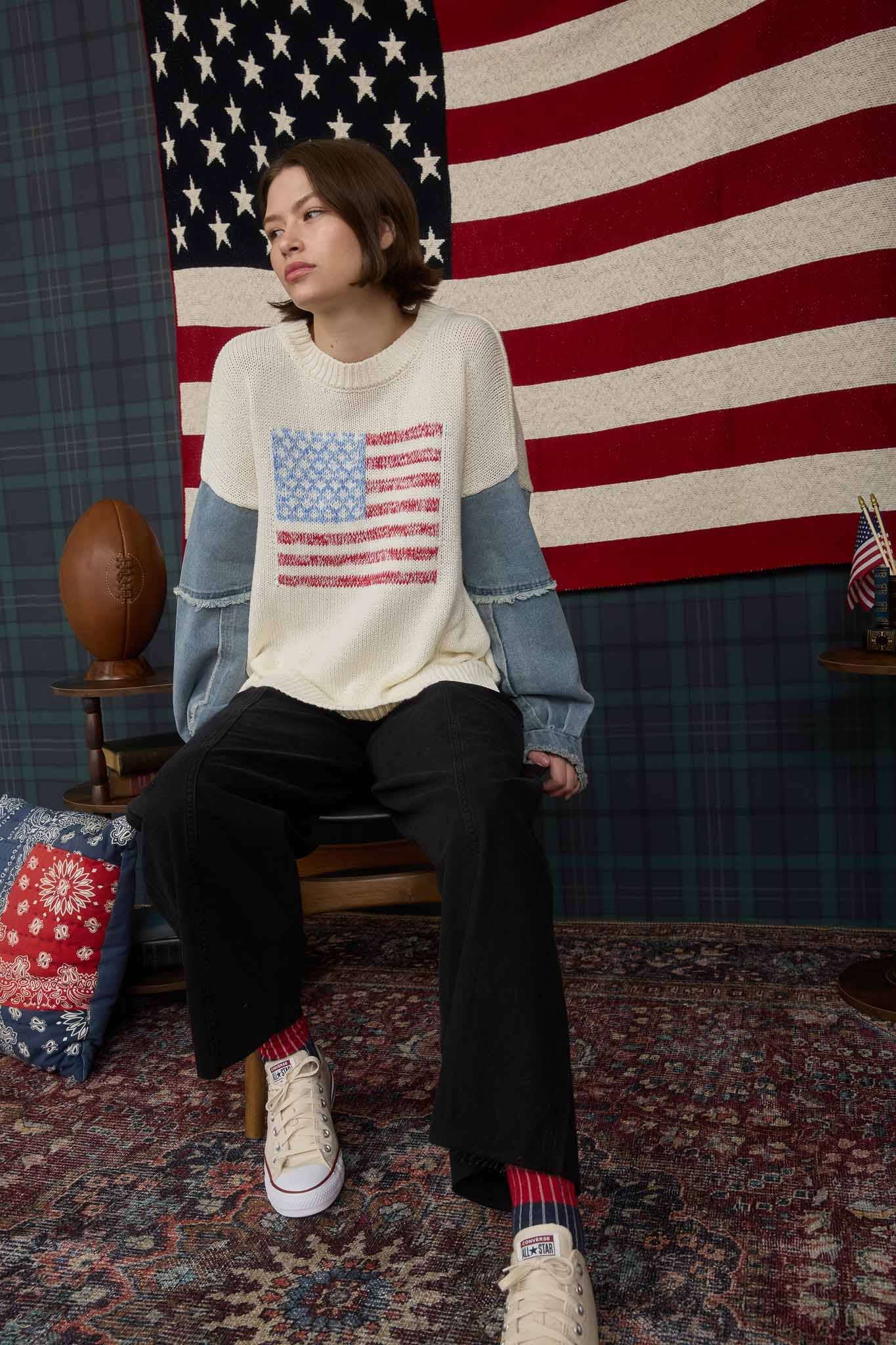 Denim Sleeve American Flag Ivory Sweater