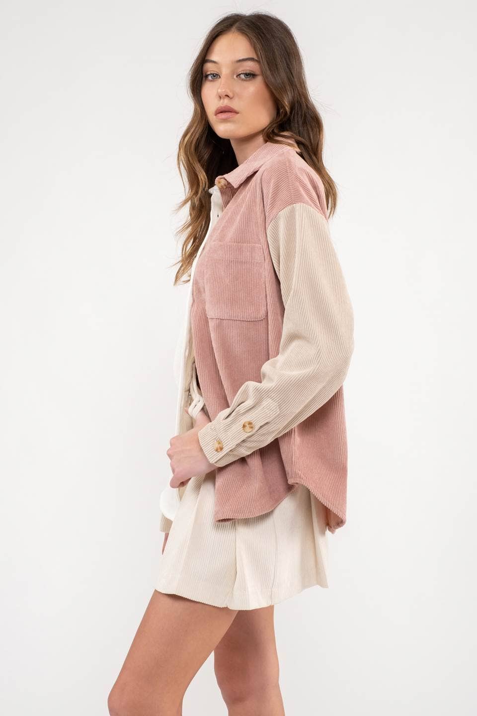 Casual Corduroy Shacket: Neutral/Pink