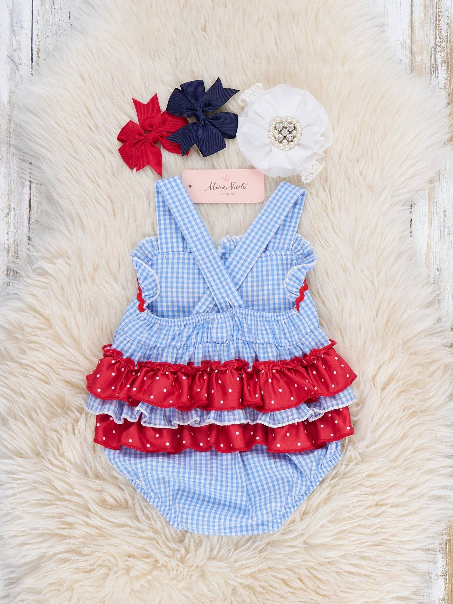 Patriotic Flag & Bows Embroidered Bubble Romper