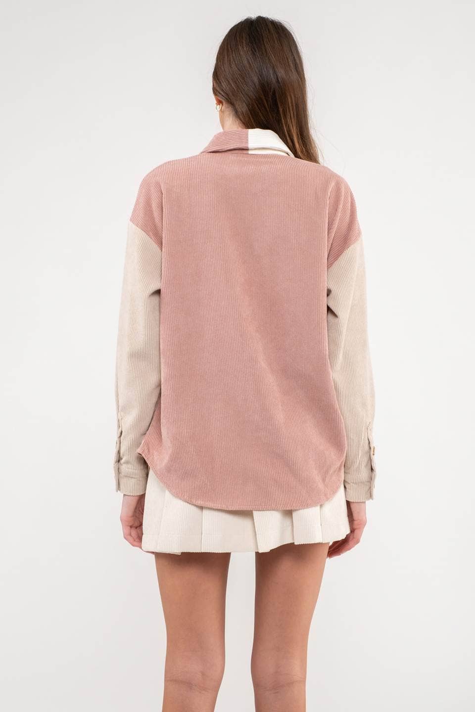 Casual Corduroy Shacket: Neutral/Pink