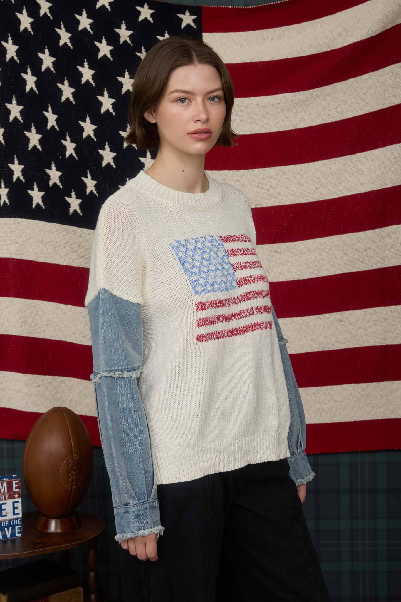 Denim Sleeve American Flag Ivory Sweater