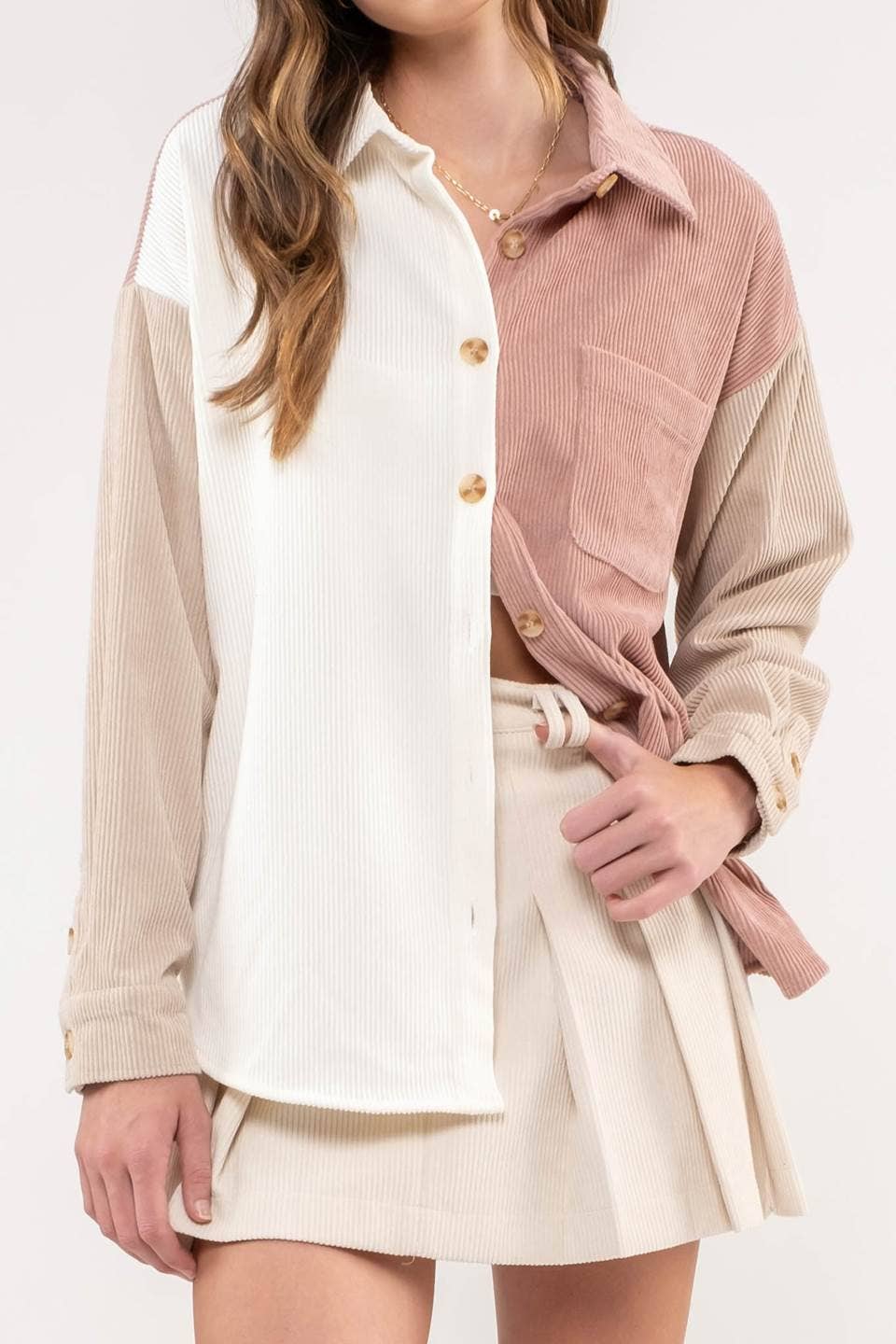 Casual Corduroy Shacket: Neutral/Pink