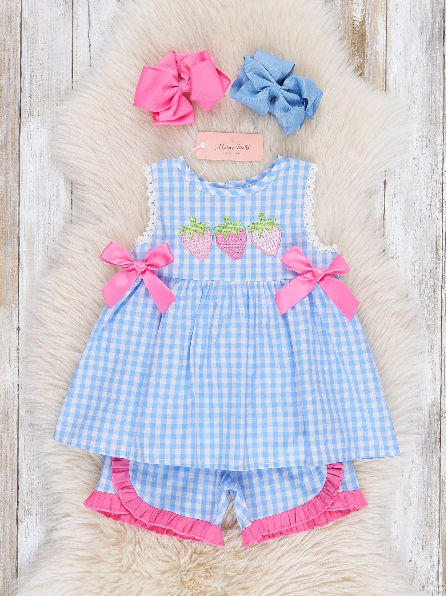 Gingham Embroidered Strawberry Ruffle Outfit