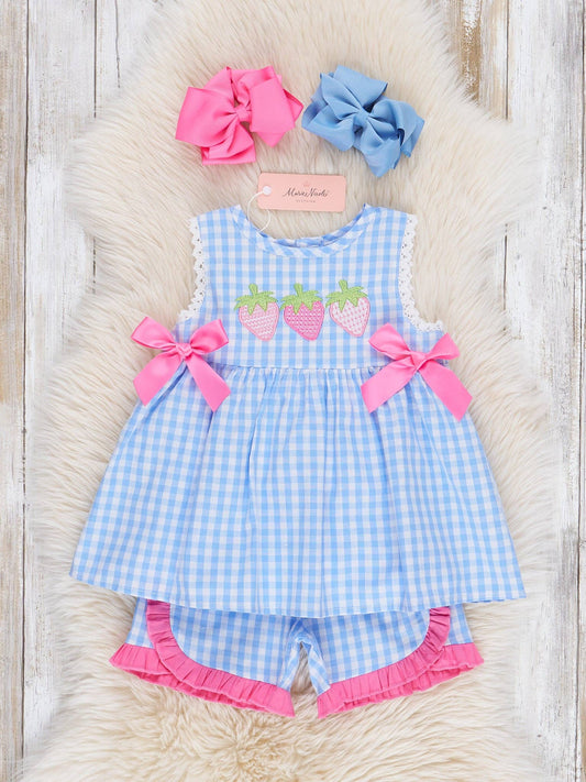 Gingham Embroidered Strawberry Ruffle Outfit